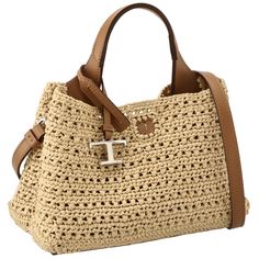 Tod's Raffia Micro T Timeless Tote Bag Beige Brown Vertical 17cm Beside 24cm Gusset 14cm Handle 21cm Strap 94-114cm (Interval: 5cm) Beige Brown Color, Tods Bag, Crochet Handbags, Beige Brown, Brown Color, Bag Lady, Tote Bag, Shoulder Bag, Handbags