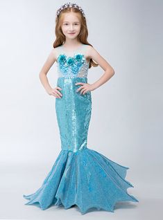 Silhouette:mermaid Hemline:floor length Neckline:scoop Fabric:sequins Sleeve Style:sleeveless Color:blue Back Style:zipper up Embellishment:sequins Mermaid Dress For Kids, Mermaid Dress Girls, Mermaid Party Dress, Mermaid Costume Diy, Sequin Flower Girl Dress, Silver Cocktail Dress, Prom Girl Dresses, Kids Dress Patterns, Theme Dress