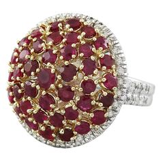 Stamped: 14K Total Ring Weight: 16.7 Grams Ruby5.50 Weight 2.00 Carat (3.00 to 3.50 Millimeters)Diamond Weight: 0.70 carat (F-G Color, VS2-SI1 Clarity )Face Measures: 25.75x24.95 Millimeter SKU: [600674] Formal Ruby Ring With Diamond Accents In Cluster Shape, Formal Cluster Ruby Ring With Diamond Accents, Luxury Ruby Ring For Formal Occasions, Luxury Cluster Ruby Ring With Diamonds, Luxury Cluster Ruby Ring For Anniversary, Luxury Ruby Cluster Ring With Diamonds, Formal Cluster Ruby Ring With Prong Setting, Luxury Red Cluster Diamond Ring, Luxury Round Ruby Ring With Diamond Accents