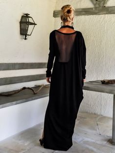 Black Maxi Dress Kaftan with Black See-Through Detail / Asymmetric Open Back Dress / Oversize Loose Black Sheer Maxi Dress For Evening, Black Sheer Long Sleeve Maxi Dress, Black Long Maxi Dress For Night Out, Black Sheer Dress For Fall, Black Sheer Dresses For Fall, Sheer Black Dresses For Fall, Black Sheer Long Maxi Dress, Comfortable Maxi Dresses, Black Long Dress