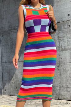 Lasaky - Chic Sleeveless Patchwork Contrast O-Neck Dress for Casual Wear Midi Dress Fall, Pencil Skirt Dress, Elegant Maxi Dress, Knitted Bodycon Dress, Autumn Clothes, Slim Dresses, Daily Dress, Knit Midi, Knit Midi Dress