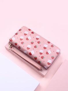 Strawberry Graphic, Cartoon Strawberry, Cute Wallets, Work Gifts, Strawberry Print, Wallets For Women Leather, Pink Purse, Zipper Wallet