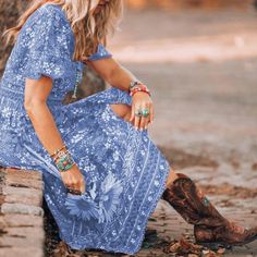 Buy More, SAVE More! Bohemian Non-stretch Short Sleeve Maxi Dress, Non-stretch Bohemian Blue Dresses, Bohemian Fitted Short Sleeve Midi Dress, Fitted Bohemian Midi Dress With Short Sleeves, Bohemian Knee-length Non-stretch Midi Dress, Bohemian Blue Midi Dress, Blue Non-stretch Bohemian Midi Dress, Fitted Boho Dress For Festival, Blue Bohemian Non-stretch Midi Dress