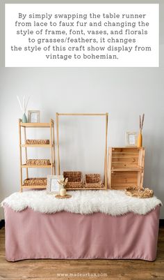 a table that has some baskets and other items on it with text overlaying the image