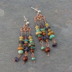 Red Creek Jasper, Turquoise, and More Gemstones Decorate These Handcrafted Earrings Boho Chandelier Earrings, Bohemian Chandelier Dangle Earrings With Natural Stones, Bohemian Brown Wire Wrapped Beaded Earrings, Bohemian Chandelier Earrings With Natural Stones, Earthy Beaded Drop Earrings, Earthy Handmade Multicolor Earrings, Earthy Natural Stone Drop Earrings, Bohemian Copper Earrings With Natural Stones, Earthy Turquoise Dangle Earrings