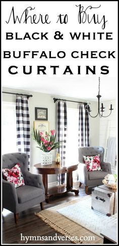 black and white buffalo check curtains in the living room with text overlay that reads where to buy black and white buffalo check curtains