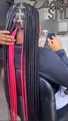 #fashion #aesthetic Pink Peekaboo Highlights Braids, Hot Pink Peekaboo Braids, Pikaboo Hair Color Braids, Black Braids With Pink Highlights, Peakaboobraids Pink And Black, Medium Knotless Box Braids With Color, Braids With Pink Highlights, Medium Knotless Braids With Color, Pink Peekaboo Braids