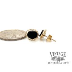 The striking color of these oval onyx stones against the golden backdrop of these earring mountings will help complete the classic wardrobe styling of a black outfit. These earrings have a filigree halo border for these bezel set onyx stones. The earrings are secured with friction post and nut in 14 karat yellow gold. Golden Backdrop, A Black Outfit, Wardrobe Styling, Onyx Earrings, Classic Wardrobe, Onyx Stone, Wardrobe Style, Black Outfit, Bezel Setting