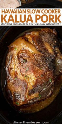 hawaiian slow cooker kalua pork in a black crock pot with text overlay