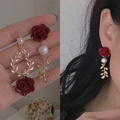 Red Rose Accessories, Rose Themed Jewelry, Gold Earrings With Roses, Red Elegant Flower Earrings For Valentine's Day, Elegant Red Flower Earrings For Valentine's Day, Elegant Rose Red Flower Earrings For Pierced Ears, Elegant Flower Earrings For Valentine's Day, Elegant Red Jewelry With Flower Decoration, Rose Red Flower Earrings For Valentine's Day Wedding