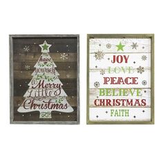 two wooden signs with christmas tree and joy to the world written on each one in different colors