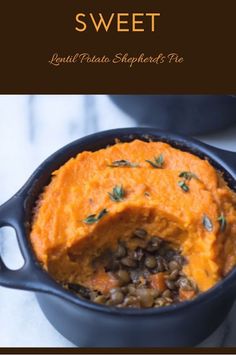 sweet potato shepherd's pie in a cast iron skillet with text overlay