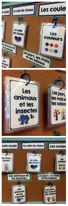 three pictures showing different types of labels on a bulletin board with words in french and english