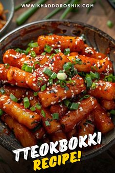 there is a plate full of food with sesame seeds and green onions on it, along with the words teokbox recipe