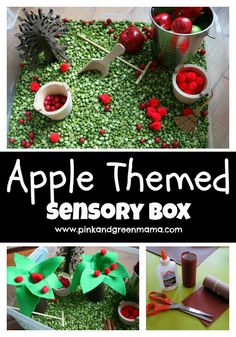 an apple themed sensory box for toddlers to play with apples and other things on the table