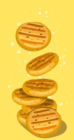 some pancakes are stacked on top of each other in front of a yellow background with bubbles