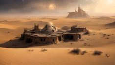 an artist's rendering of a desert town in the middle of nowhere, surrounded by sand dunes