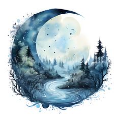 a watercolor painting of a night scene with the moon and trees