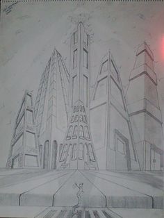 this is a drawing of some buildings in the city with a red traffic light on it