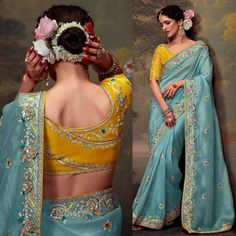 Crafted with care and attention to detail, this saree is perfect for those who appreciate fine craftsmanship and unique design. The sky blue color exudes elegance and sophistication, making it a standout choice for any special occasion. Whether you're attending a wedding or celebrating a festival, this saree is sure to make you feel like a true queen. Make a statement with our attractive sky blue organza saree, designed to turn heads and leave a lasting impression.  ----------------------------- Blue Dola Silk Pre-draped Saree For Eid, Light Blue Pre-draped Saree For Wedding, Blue Bollywood Wedding Blouse Piece, Light Blue Georgette Traditional Wear For Wedding, Blue Semi-stitched Dola Silk Saree, Light Blue Georgette Wedding Dress, Light Blue Lehenga With Unstitched Blouse For Wedding, Blue Bollywood Style Pre-draped Saree For Wedding, Blue Bollywood Pre-draped Saree For Wedding