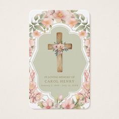 a card with flowers and a cross on the front that says, in loving memory of carol henry