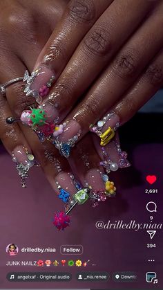 Green Birthday Nails, Bling Birthday Nails, Clear Acrylic Nails With Design, Medium Duck Nails, Junk Duck Nails, Junk Nail Designs, Weak Nails, Punk Nails