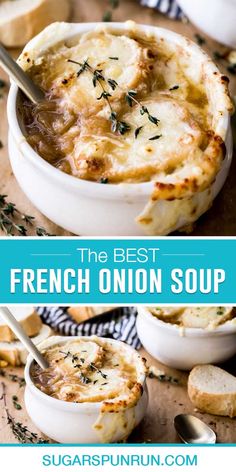 the best french onion soup in a white bowl