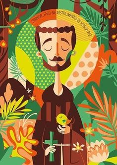 a painting of a man with a bird in his hand, surrounded by plants and flowers