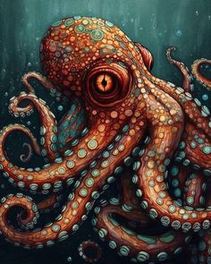 an octopus is shown in the water with its eyes open and it's tentacles spread out