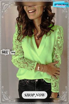 Casual Paneled Blouse Spring V-neck Blouse With Lace Sleeves, Chic Long Sleeve Tops With Lace Sleeves, Chic Tops With Lace Long Sleeves, Casual V-neck Top With Lace Sleeves, Spring Tops With Long Lace Sleeves, Casual V-neck Blouse With Lace Sleeves, Spring V-neck Lace Top For Night Out, Party Lace Top With V-neck, Trendy Long Sleeve Lace Top Blouse