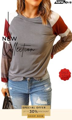 Womens Color Block Long Sleeves Gray Pullover Top Trendy Raglan Sleeve Winter Tops, Casual Gray Blouse For Fall, Gray Raglan Sleeve Top For Fall, Casual Raglan Sleeve Tops For Fall, Casual Fall Tops With Raglan Sleeve, Gray Crew Neck Blouse For Fall, Grey Pullover, Elevate Your Style, Your Style