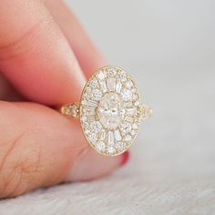 Mosaic Ring, Antique Stone, Diamond Mosaic, Baguette Cut Diamond, Halo Diamond Engagement Ring, Baguette Cut, Oval Diamond, Lab Created Diamonds, Round Brilliant Cut Diamond