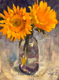 a painting of sunflowers in a glass vase