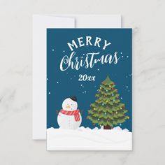 a merry christmas card with a snowman next to a tree on a blue background