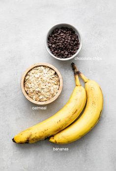 bananas, chocolate chips, and oatmeal in bowls