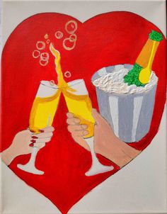 a painting of two people toasting with champagne in front of a heart shaped frame