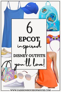 a woman in an orange dress and blue hat with the words 6 epot inspired disney outfits you'll love