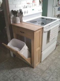 an appliance that has been placed on the floor in front of a stove