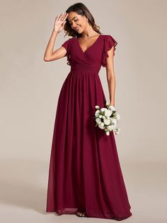 MsDresslyEP Formal Dress Back Cutout A-Line Pleated Ruffles Sleeve Chiffon Bridesmaid Dress DRE230912A9437BDG4 Ruffles Sleeves, Burgundy Bridesmaid, Ever Pretty, Summer Work, Work Dresses, Cutout Design, Chiffon Material, Chiffon Bridesmaid Dress, Ruffled Sleeves