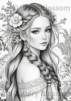 a drawing of a girl with long hair and flowers in her hair, wearing a white dress