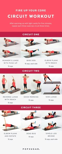 an image of a woman doing exercises on her stomach and back with the words, fire up your core circuit workout