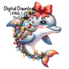 a dolphin with christmas lights on it's head and a bow around its neck