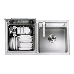 an open dishwasher with white dishes in the bottom half and silver trays on the side