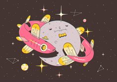 an image of a cartoon space ship flying in the sky with stars and planets around it