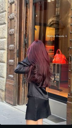 Violet Plum Hair Color, Temporary Dye For Dark Hair, Winter Cherry Hair, Cherry Red Asian Hair, Dark Cherry Red Hair Aesthetic, Red With Dark Brown Hair, Cherry Hair Girl, Long Dark Burgundy Hair, Black Hair With Wine Red Highlights