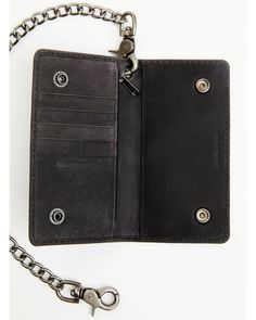 Genuine black leather. Slim fold design with snap closure. Removeable chain with lobster claw closures. 6 slip compartments. Chain Wallet, Wallet Chain, Wood Bridge, Chains For Men, Black Leather, Mens Accessories, Wallet, Chain, Leather