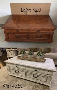 before and after photos of an old dresser turned into a coffee table with storage underneath