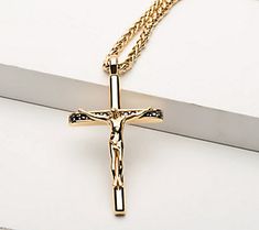 A symbol of faith in shimmering splendor, this crucifix pendant is suspended from a handsome wheat chain. From Verve Men's Jewelry. Crucifix Cross Necklace With Box Chain, A Symbol, Men's Jewelry, Wheat, Cross Necklace, Mens Jewelry, Gold Tones, Chain, Pendant