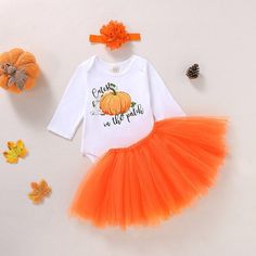 Baby Girls Pumpkin Print Halloween Shirt & Mesh Skirt & Headband - PrettyKid Headband Fabric, Fancy Fabric, Pumpkin Print, Mesh Skirt, Halloween Prints, Wholesale Clothing, Baby Sets, Halloween Shirt