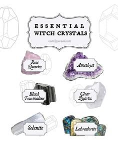 an assortment of different items that are labeled in the words essential witch crystals, including amethorate, quartz, and labradorite